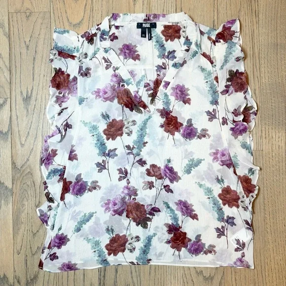Paige Women’s Genie Floral Ruffle Sleeve Silk Sheer Blouse Top Size X-Small - Picture 4 of 14
